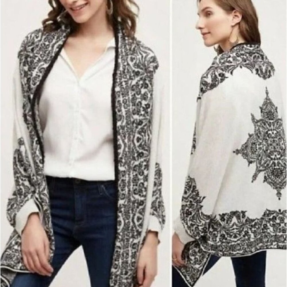 Anthropologie HWR Tolay Shawl Cardigan Sweater Sz XS/S Black Gray Floral Print